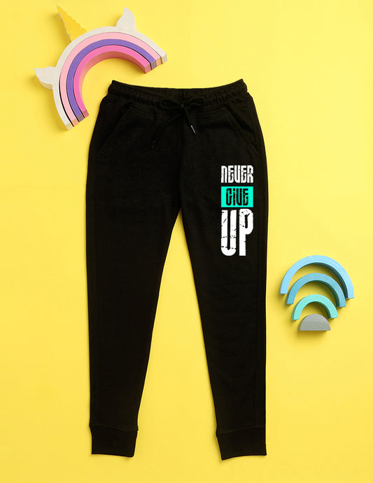 Black text printed kids unisex treck pants