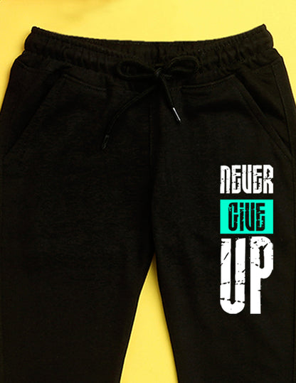 Black text printed kids unisex treck pants
