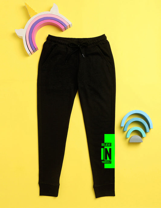 Black text printed kids unisex treck pants