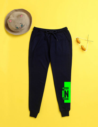 Navy blue text printed kids unisex treck pants