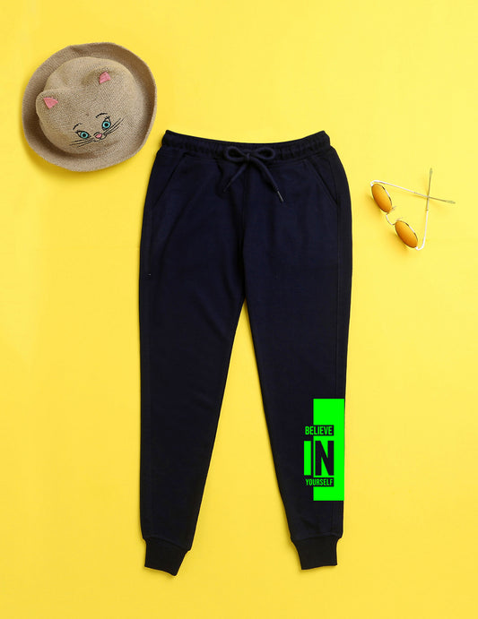 Navy blue text printed kids unisex treck pants