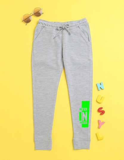 Grey text printed kids unisex treck pants