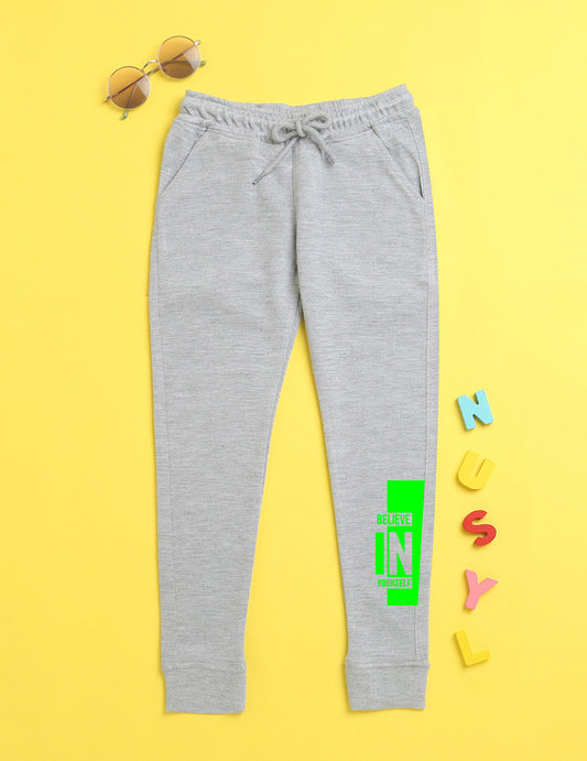 Grey text printed kids unisex treck pants
