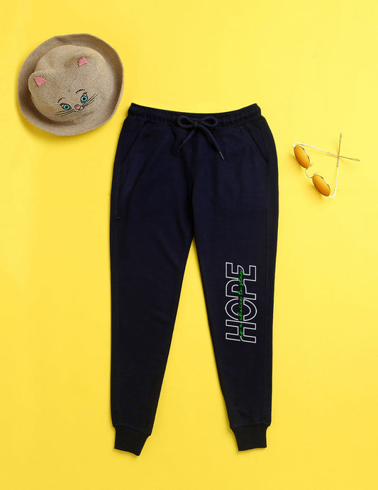 Navy blue text printed kids unisex treck pants