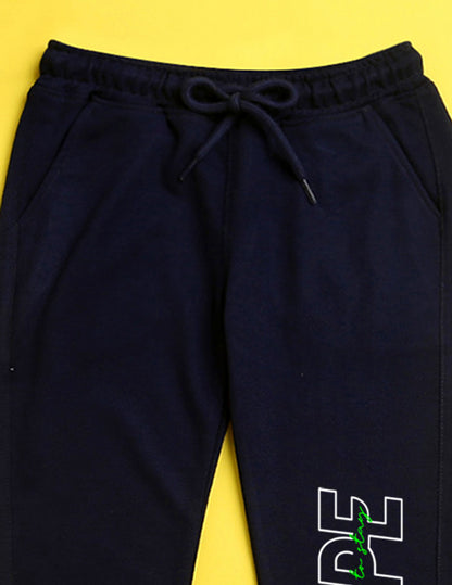 Navy blue text printed kids unisex treck pants