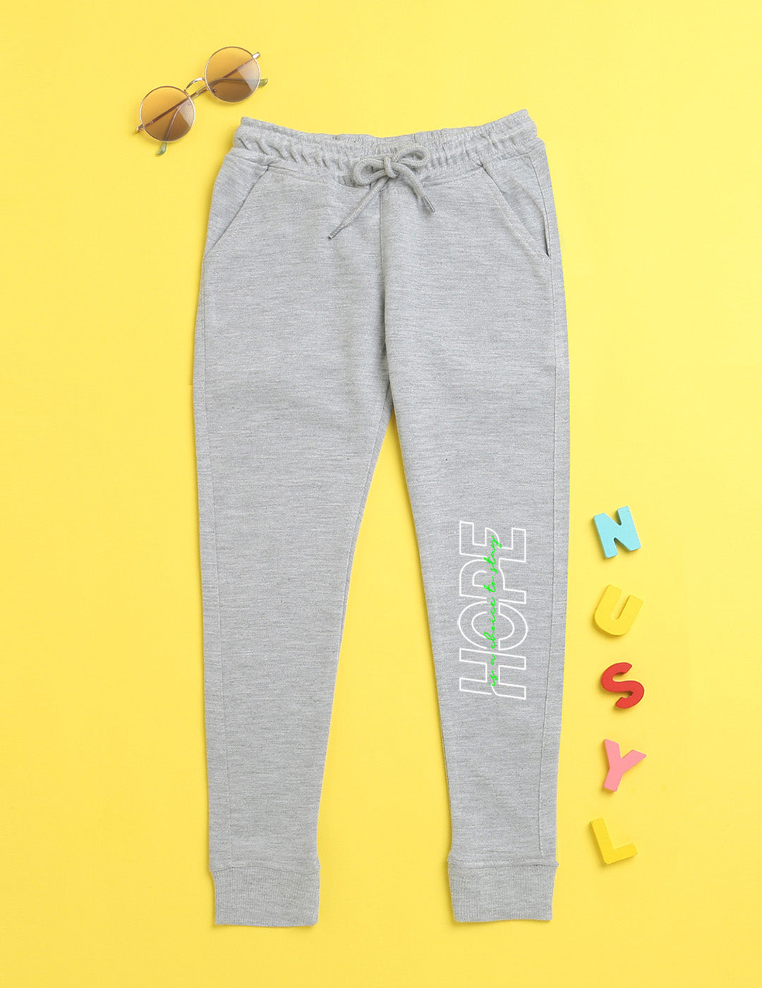 Grey text printed kids unisex treck pants