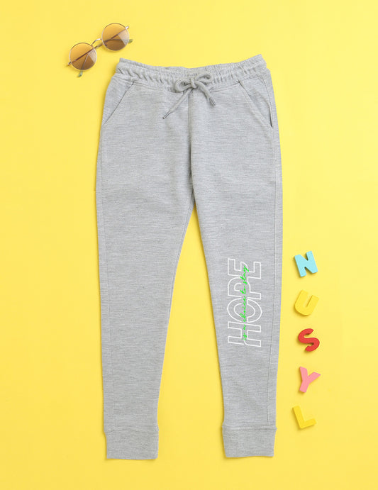 Grey text printed kids unisex treck pants
