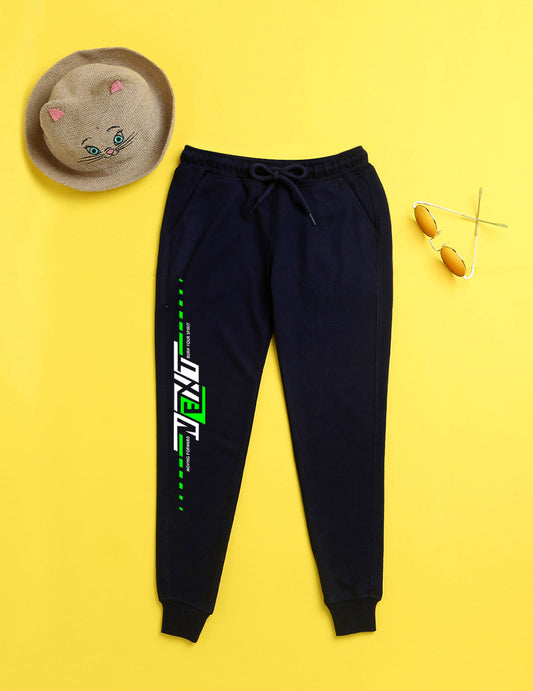 Navy blue text printed kids unisex treck pants