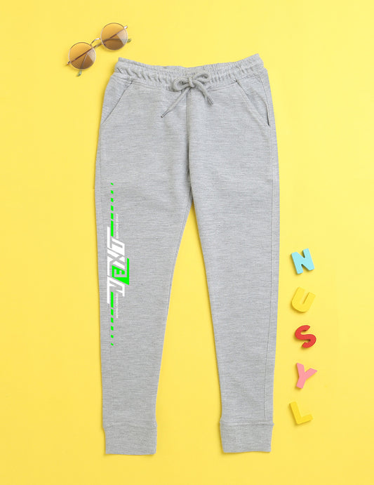 Grey text printed kids unisex treck pants