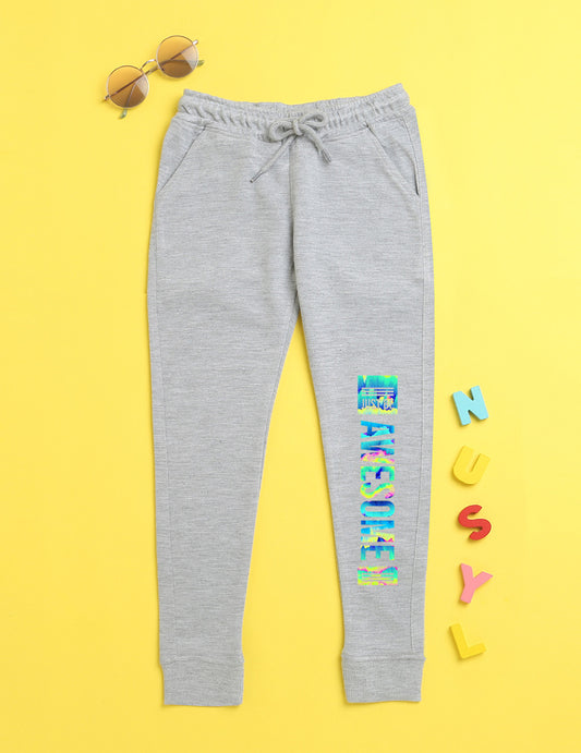 Grey text printed kids unisex treck pants