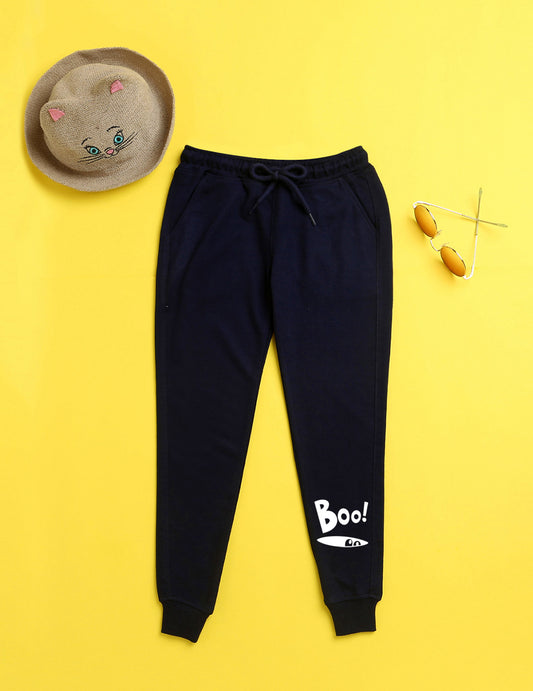 Navy blue text printed kids unisex treck pants