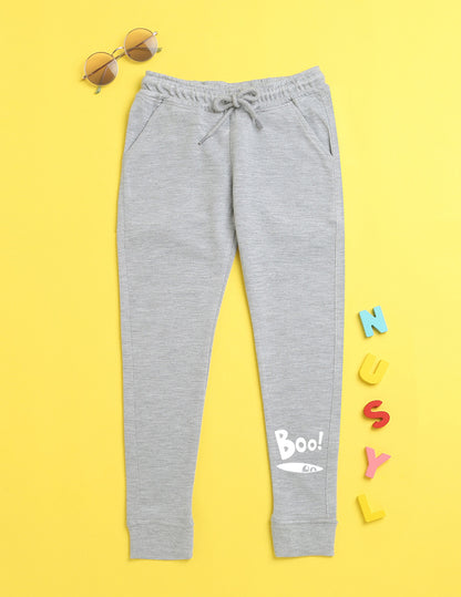 Grey text printed kids unisex treck pants