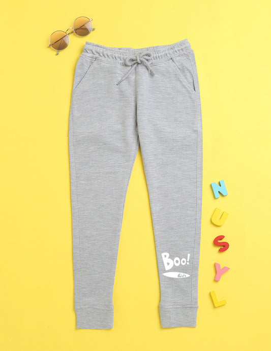 Grey text printed kids unisex treck pants