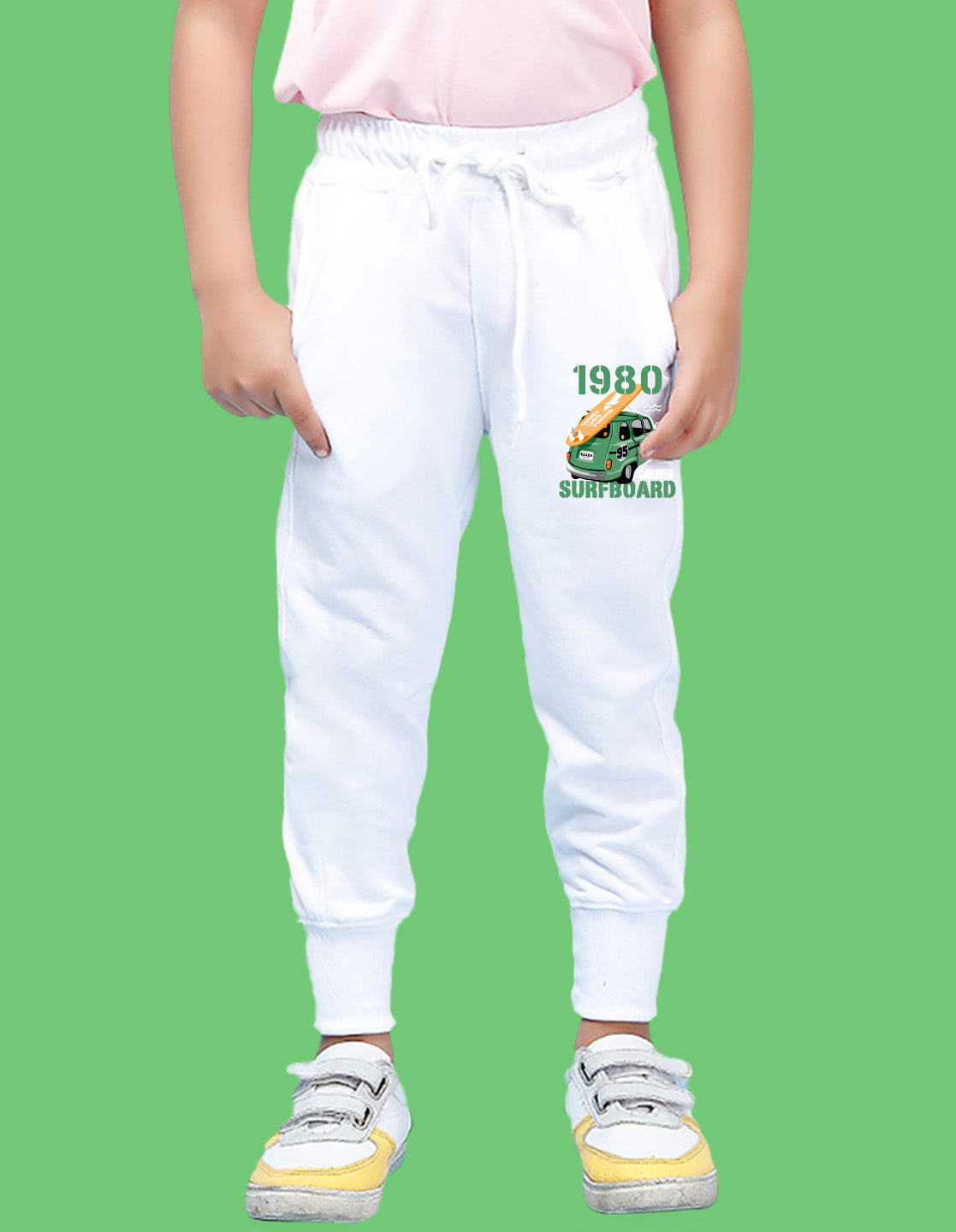Nusyl Boys White Typography slogan with surfboard car carrier Printed Ankle Length Track Pant