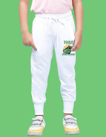 Nusyl Boys White Typography slogan with surfboard car carrier Printed Ankle Length Track Pant