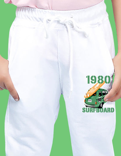Nusyl Boys White Typography slogan with surfboard car carrier Printed Ankle Length Track Pant