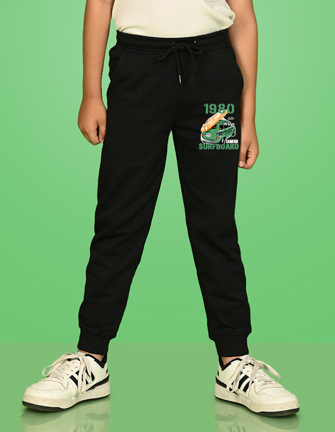 Nusyl Boys Black Typography slogan with surfboard car carrier Printed Ankle Length Track Pant