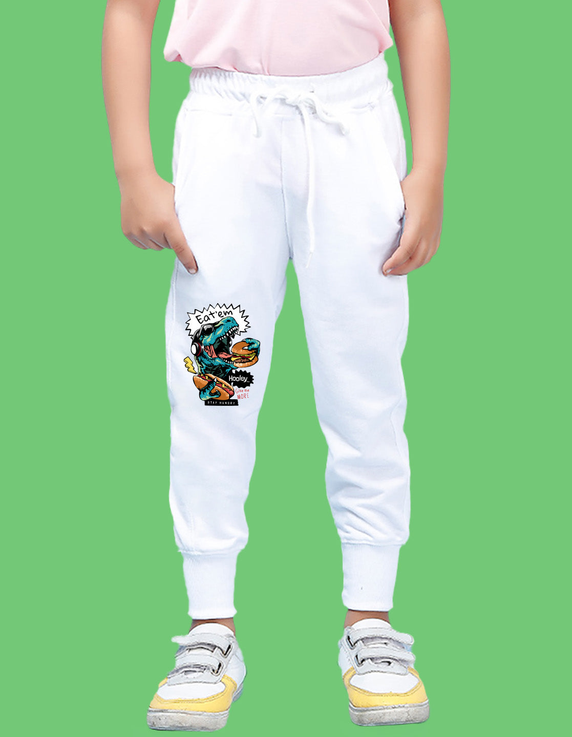 Nusyl Boys White Dinosaur & Text Printed Ankle Length Track Pant