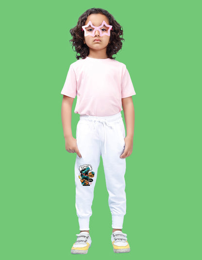 Nusyl Boys White Dinosaur & Text Printed Ankle Length Track Pant
