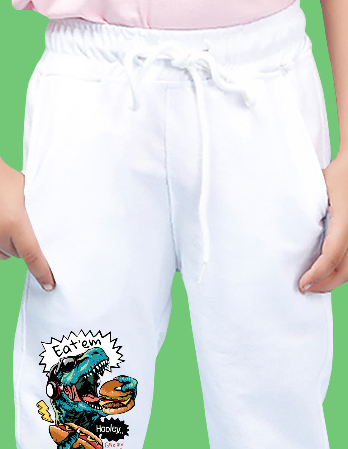 Nusyl Boys White Dinosaur & Text Printed Ankle Length Track Pant