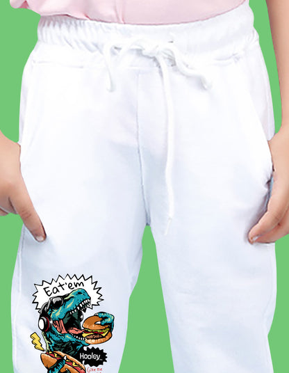 Nusyl Boys White Dinosaur & Text Printed Ankle Length Track Pant