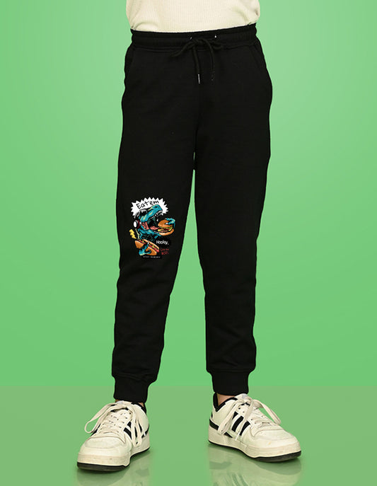 Nusyl Boys Black Dinosaur & Text Printed Ankle Length Track Pant