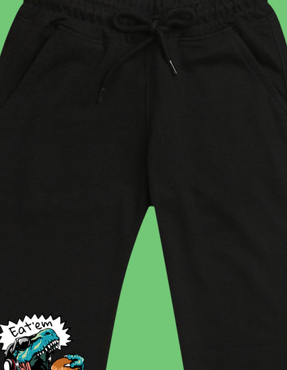 Nusyl Boys Black Dinosaur & Text Printed Ankle Length Track Pant