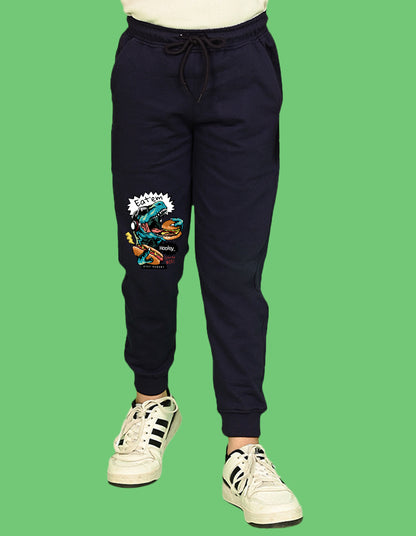 Nusyl Boys Navy Blue Dinosaur & Text Printed Ankle Length Track Pant