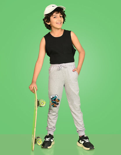 Nusyl Boys Grey Dinosaur & Text Printed Ankle Length Track Pant
