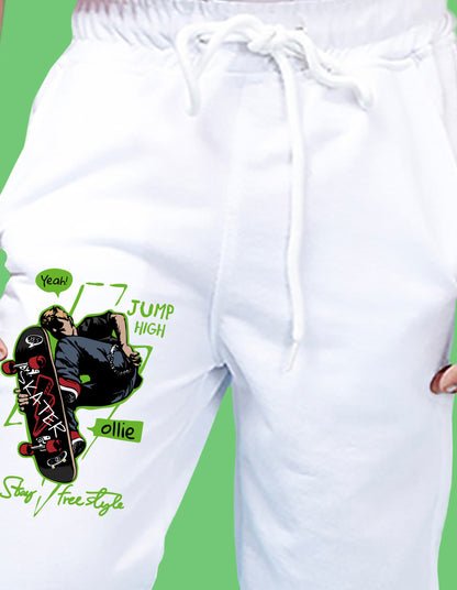 Nusyl Boys White Skateboard & Text Printed Ankle Length Track Pant