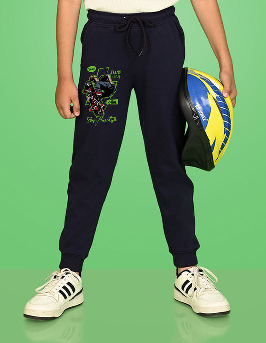 Nusyl Boys Navy Blue Skateboard & Text Printed Ankle Length Track Pant
