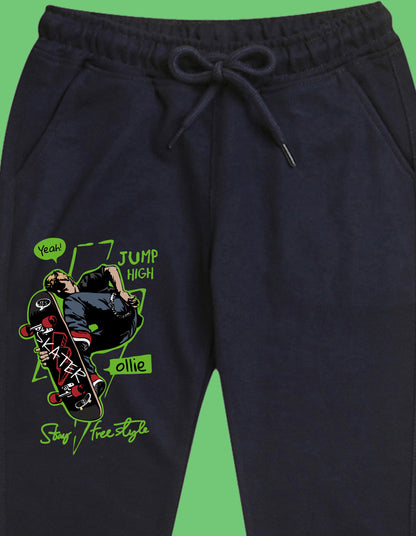 Nusyl Boys Navy Blue Skateboard & Text Printed Ankle Length Track Pant