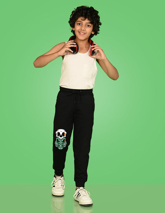 Nusyl Boys Black Crocodile Face Printed Ankle Length Track Pant
