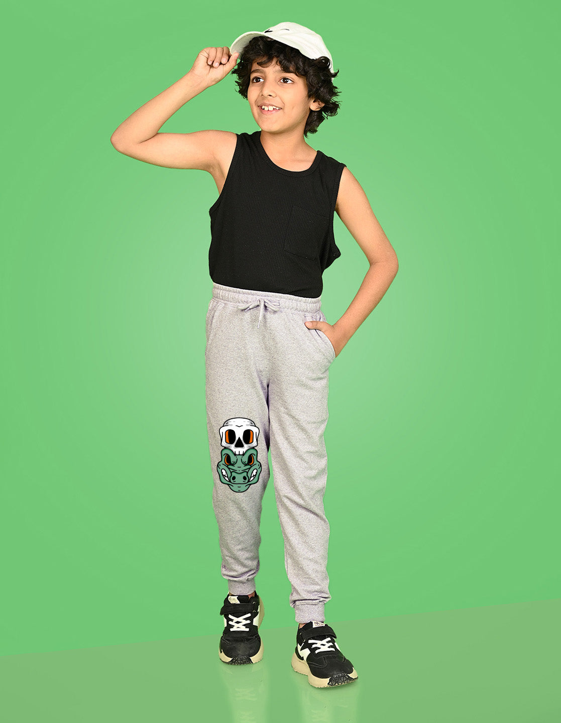 Nusyl Boys Grey Crocodile Face Printed Ankle Length Track Pant