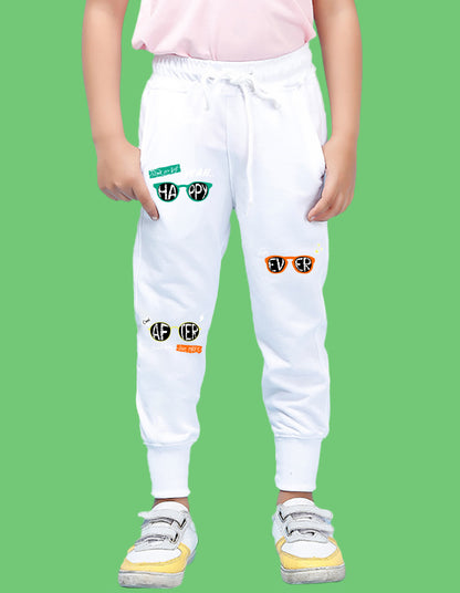 Nusyl Boys White Text & Goggles Printed Ankle Length Track Pant