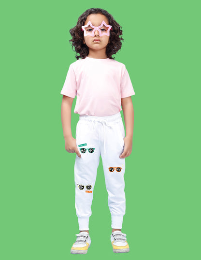 Nusyl Boys White Text & Goggles Printed Ankle Length Track Pant