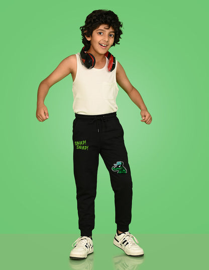 Nusyl Boys Black Crocodile & Text Printed Ankle Length Track Pant