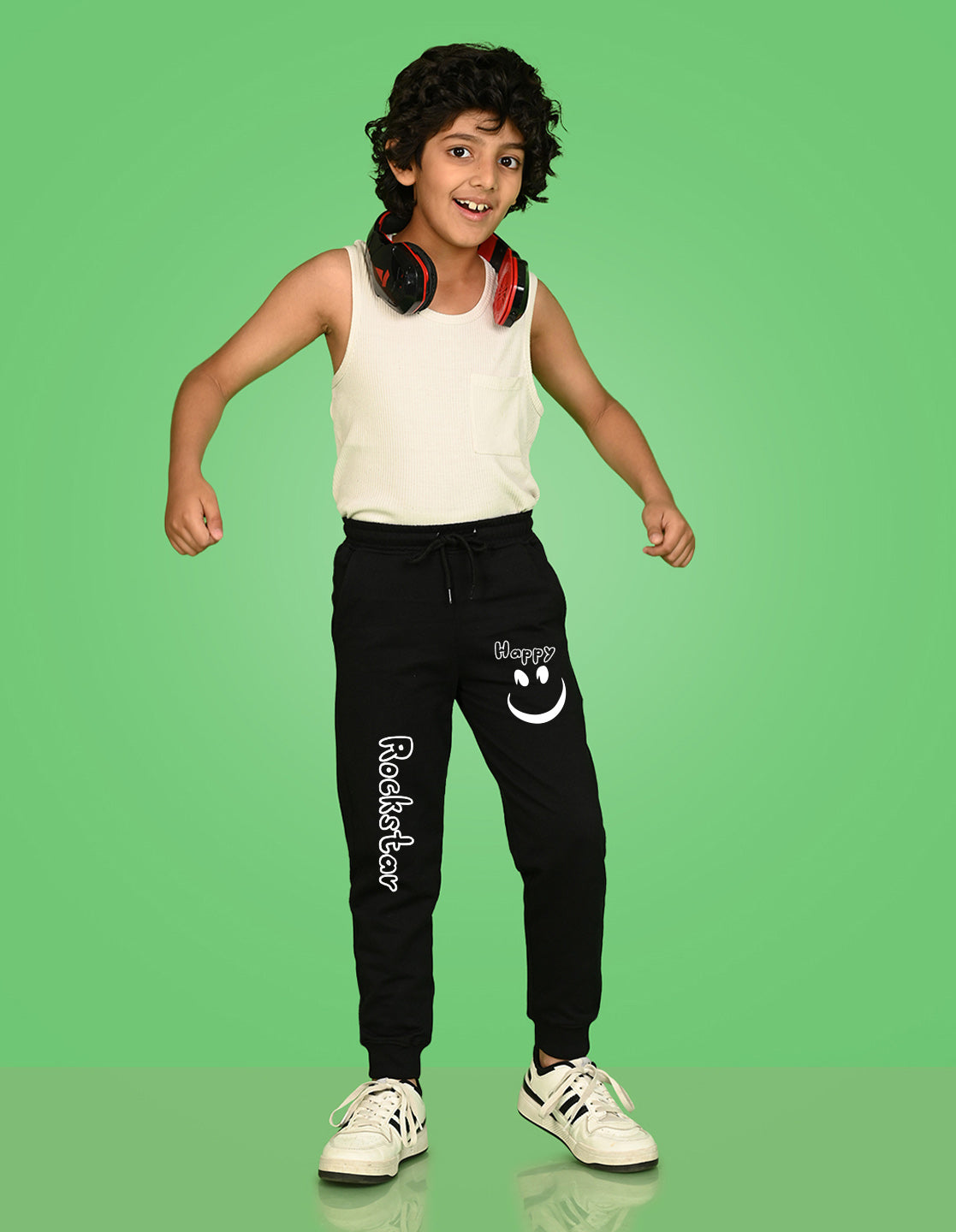 Nusyl Boys Black Smiley Emoji & Text Printed Ankle Length Track Pant