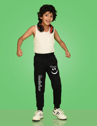 Nusyl Boys Black Smiley Emoji & Text Printed Ankle Length Track Pant