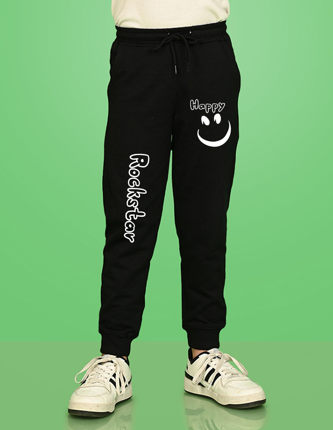 Nusyl Boys Black Smiley Emoji & Text Printed Ankle Length Track Pant