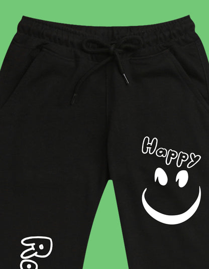 Nusyl Boys Black Smiley Emoji & Text Printed Ankle Length Track Pant
