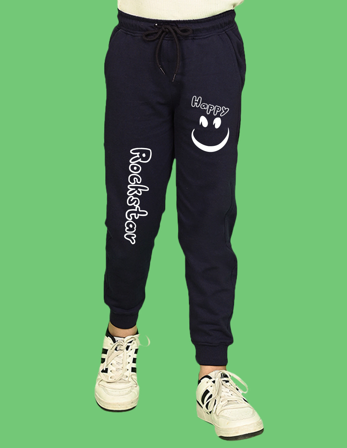 Nusyl Boys Navy Blue Smiley Emoji & Text Printed Ankle Length Track Pant