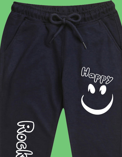 Nusyl Boys Navy Blue Smiley Emoji & Text Printed Ankle Length Track Pant