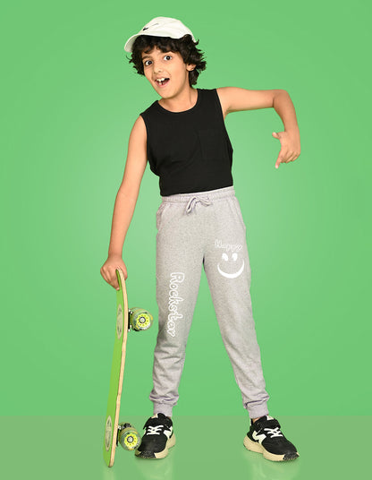 Nusyl Boys Grey Smiley Emoji & Text Printed Ankle Length Track Pant
