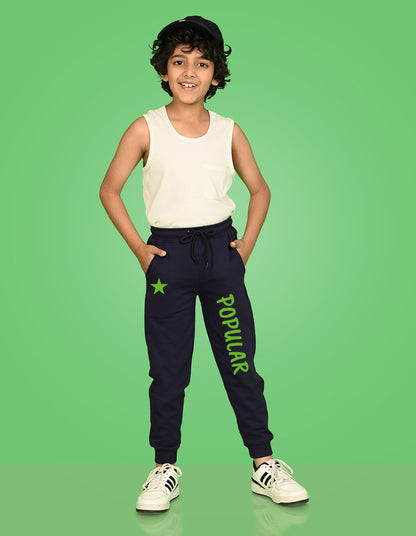 Nusyl Boys Navy Blue Star & Text Printed Ankle Length Track Pant
