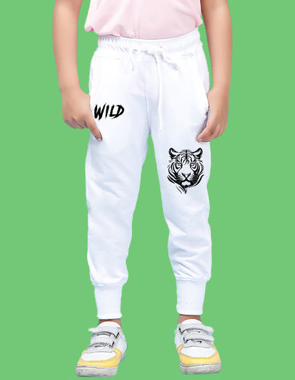 Nusyl Boys White Tiger Face & Text Printed Ankle Length Track Pant