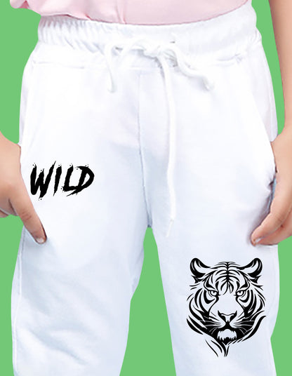 Nusyl Boys White Tiger Face & Text Printed Ankle Length Track Pant