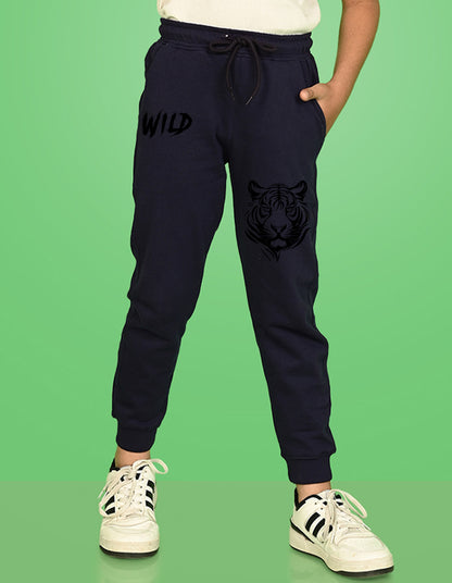 Nusyl Boys Navy Blue Tiger Face & Text Printed Ankle Length Track Pant