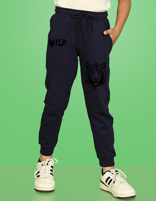 Nusyl Boys Navy Blue Tiger Face & Text Printed Ankle Length Track Pant
