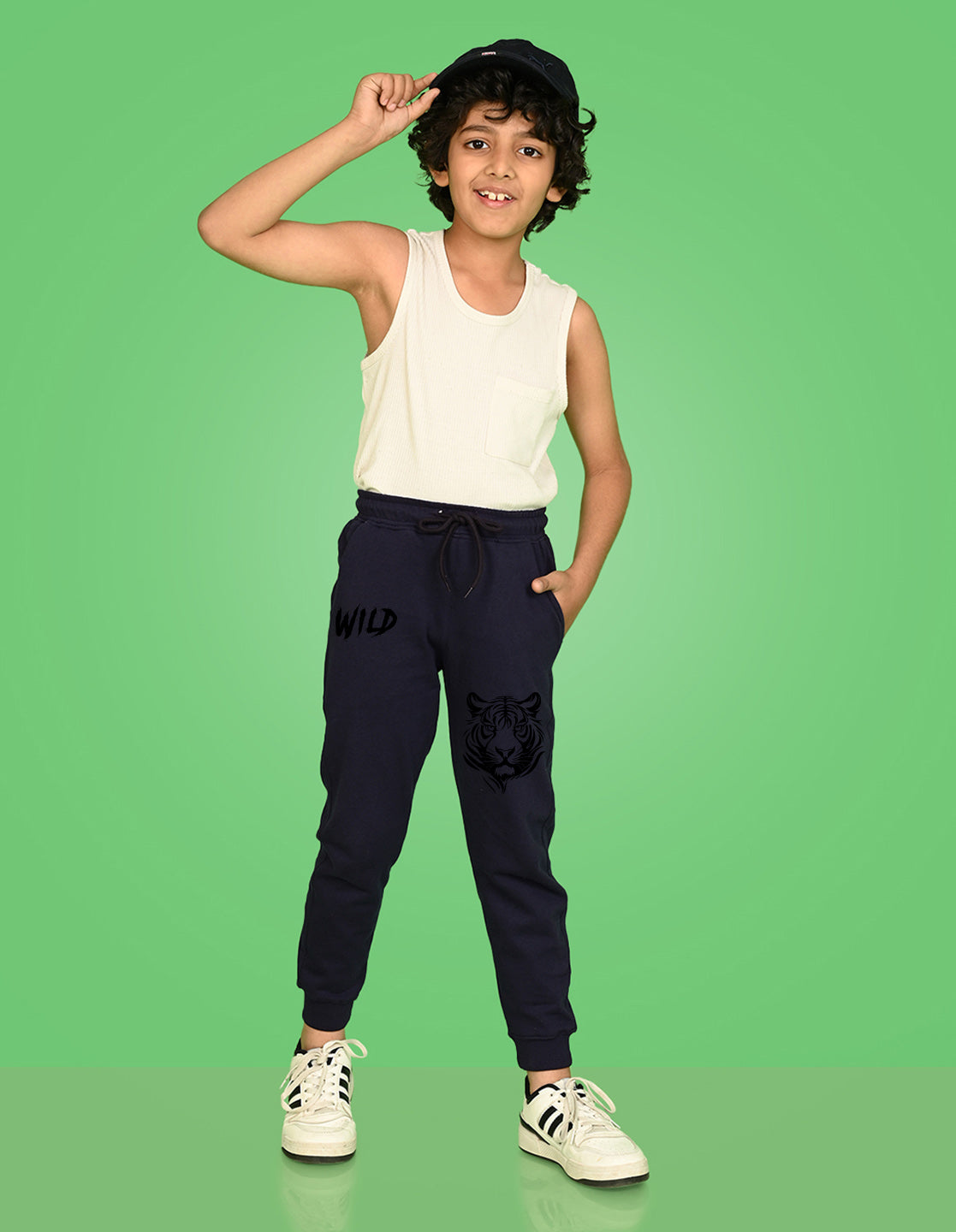 Nusyl Boys Navy Blue Tiger Face & Text Printed Ankle Length Track Pant